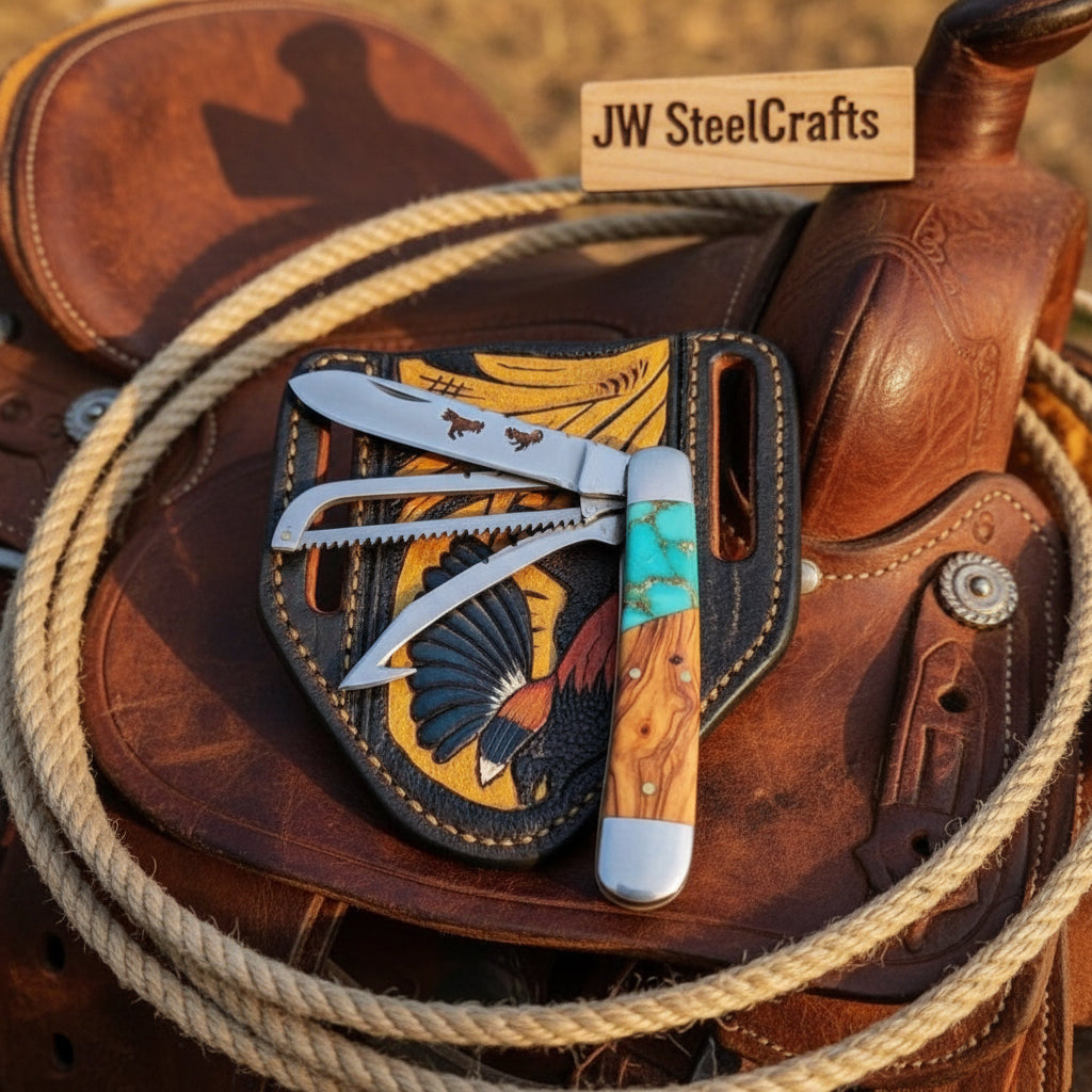 Turquoise Olive Trapper Jack Folding Knife 7" Handmade Carbon with Olive handle