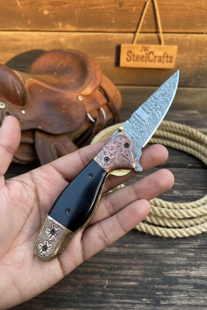 Duskhorn Damascus Folder 7.5" Handmade Micarta Handle Horn Bolster