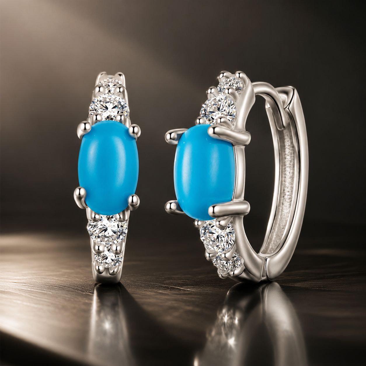 925 Sterling Silver Earrings with Synthetic Turquoise and CZ, White Gold Plated, 1.0cm Hoop for Women