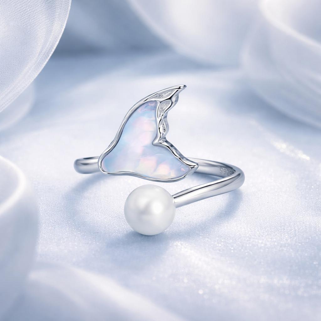 925 Sterling Silver Ring with Shell Pearl and Transparent Glass