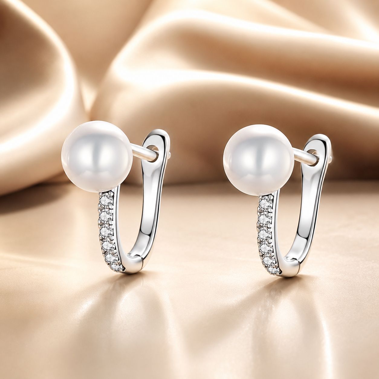 925 Sterling Silver Earrings with Pavé Setting CZ and Shell Pearl, 1.4*0.6cm for Women