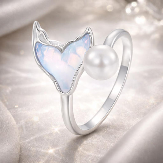 925 Sterling Silver Ring with Shell Pearl and Transparent Glass