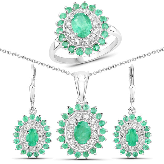 6.53 Carat Genuine Zambian Emerald and White Topaz .925 Sterling Silver 3 Piece Jewelry Set (Ring, Earrings, and Pendant w/ Chain)