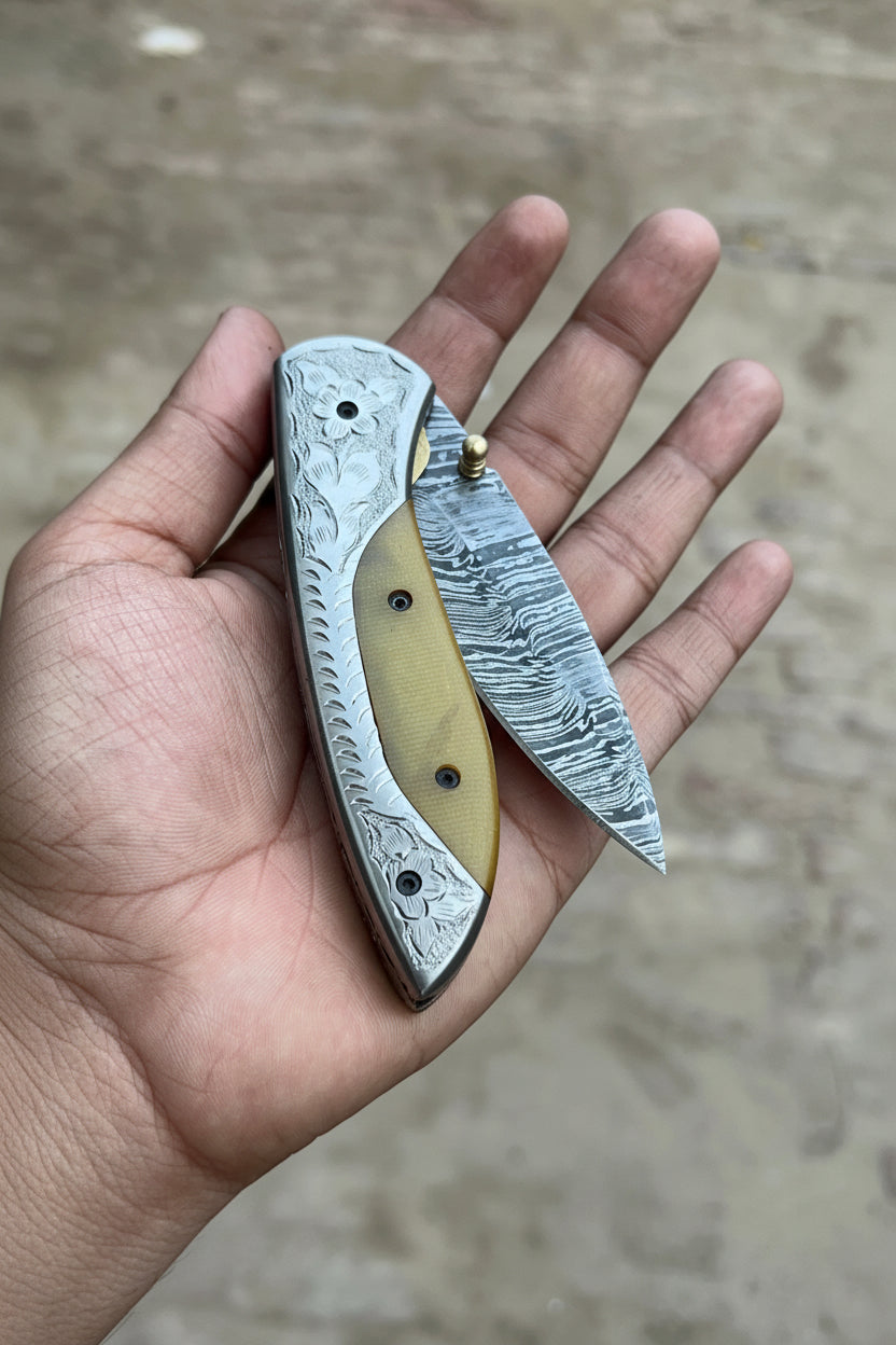 Boneridge Damascus Folder 7" Premium Bone Handle with Damascus Bolster