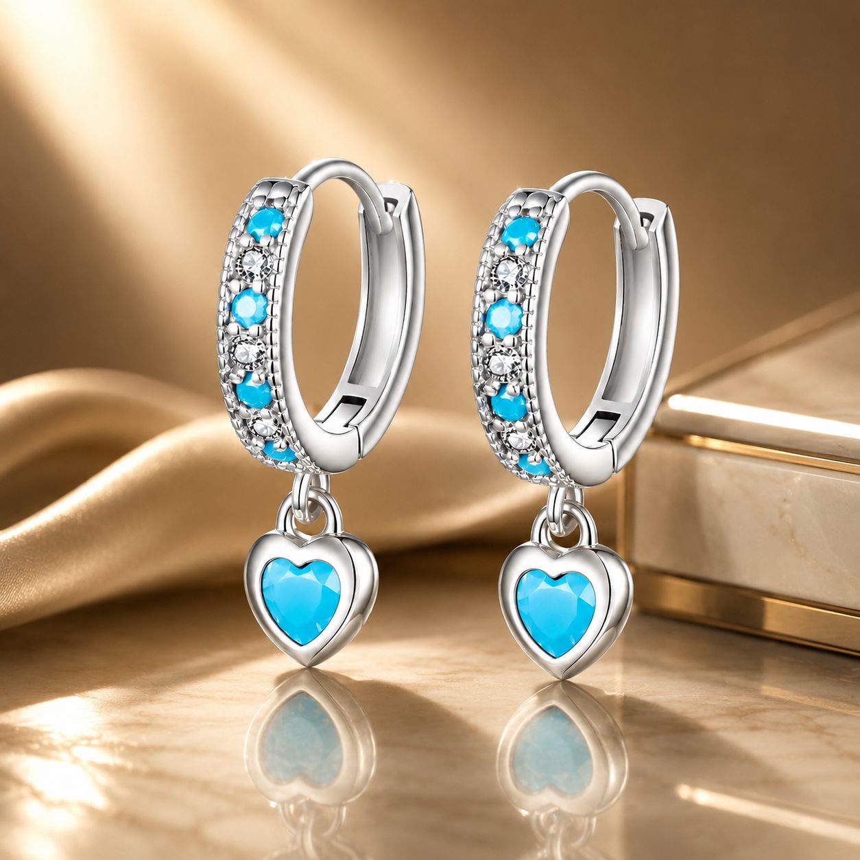925 Sterling Silver Earrings with Synthetic Turquoise and CZ - White Gold Plated