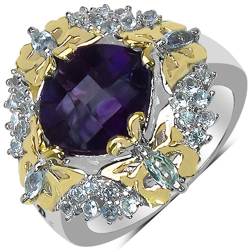 3.91 Carat Genuine Amethyst, Blue Topaz & White Diamond .925 Sterling Silver Ring