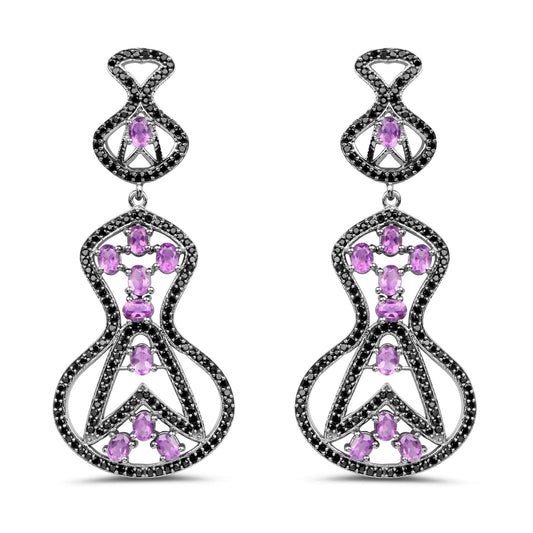 5.30 Carat Genuine Amethyst and Black Spinel .925 Sterling Silver Earrings