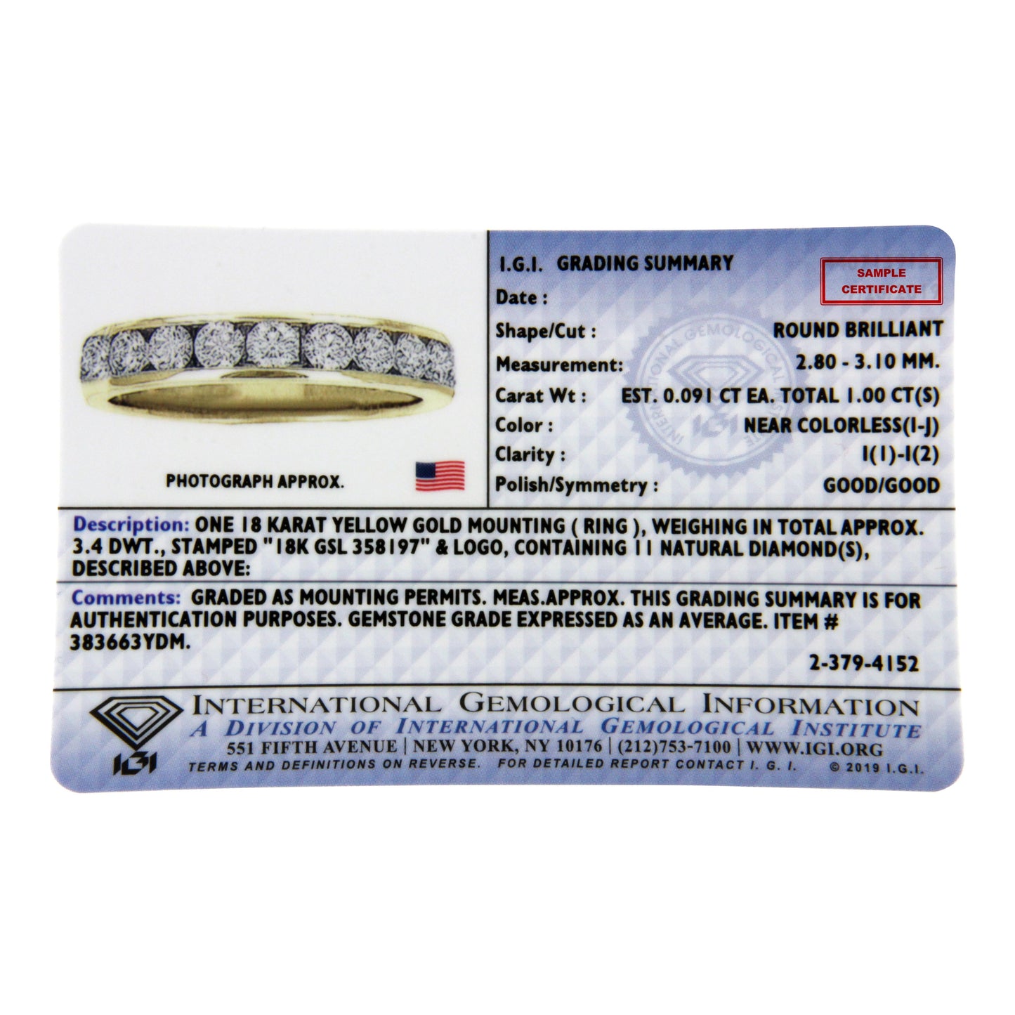 IGI Certified 18K Yellow Gold 1.0 Cttw Channel Set Round-Cut Diamond 11 Stone Anniversary/Wedding Band Ring (I-J Color, I1-I2 Clarity) - Size 9.5