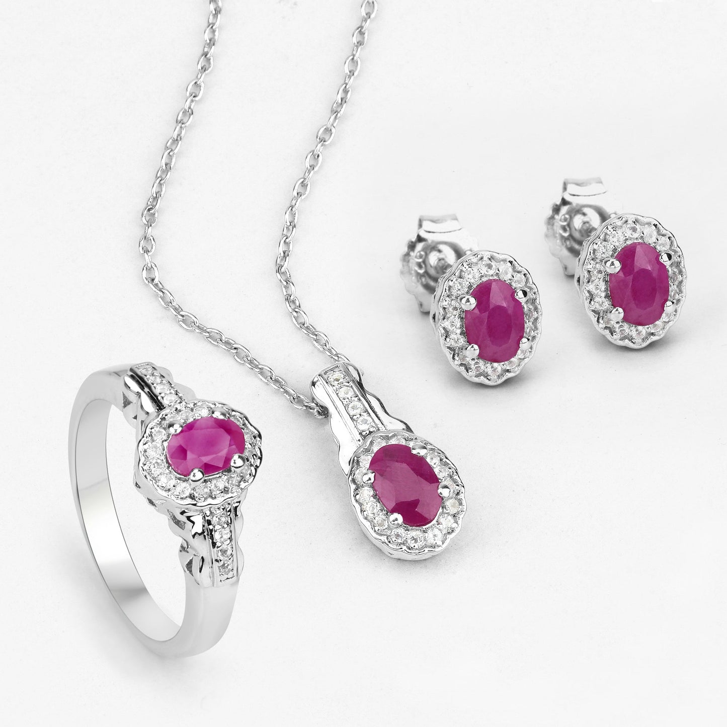 2.46 Carat Genuine Ruby and White Topaz .925 Sterling Silver 3 Piece Jewelry Set (Ring, Earrings, and Pendant w/ Chain)