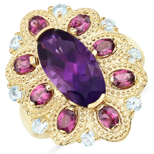 6.80 Carat Genuine Amethyst, Rhodolite and Blue Topaz .925 Sterling Silver Ring