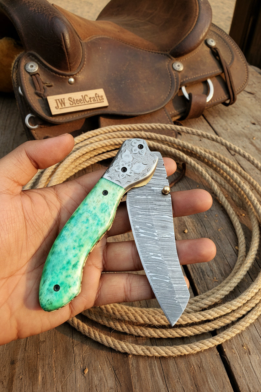 Jadeline Damascus Folder 7" Handmade Turquoise-Green Resin Handle
