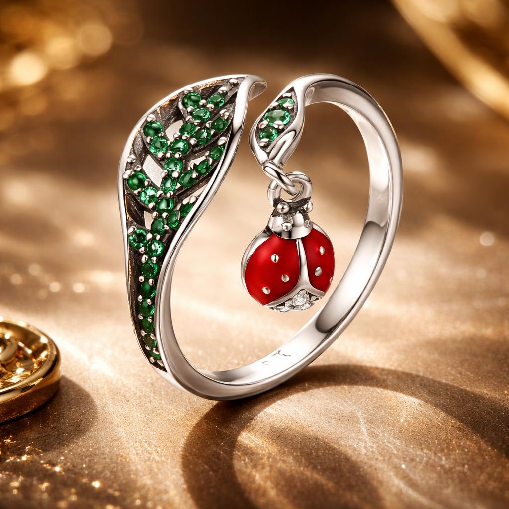 925 Sterling Silver Ring with Genuine Beetle and Leaf Design - 0.8x0.5cm, Women