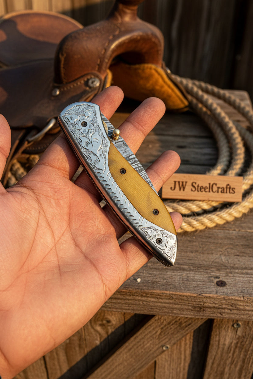 Boneridge Damascus Folder 7" Premium Bone Handle with Damascus Bolster
