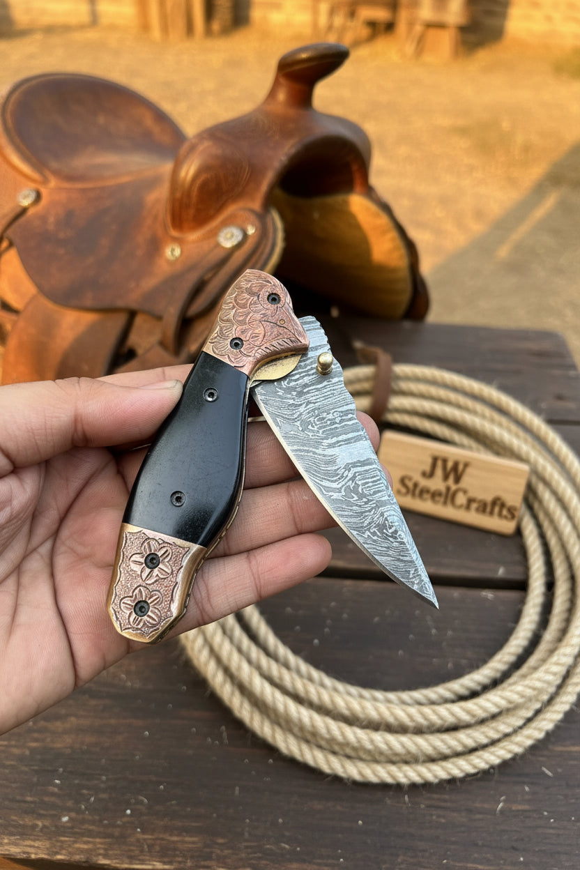 Duskhorn Damascus Folder 7.5" Handmade Micarta Handle Horn Bolster