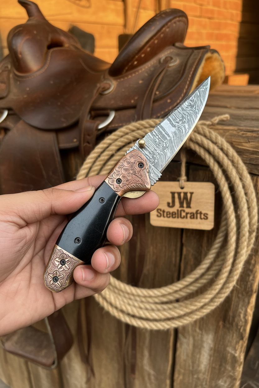 Duskhorn Damascus Folder 7.5" Handmade Micarta Handle Horn Bolster