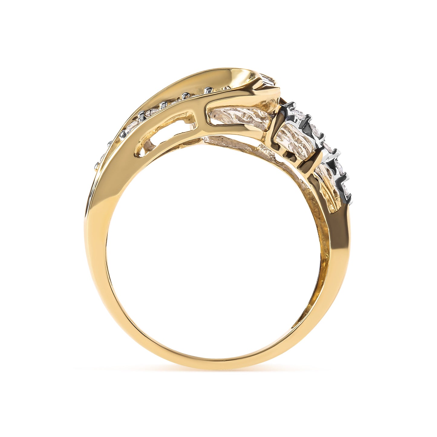 10K Yellow Gold 1/2 Cttw Round and Baguette cut Diamond Open Space Bypass Ring (H-I Color, SI2-I1 Clarity) - Ring Size 7