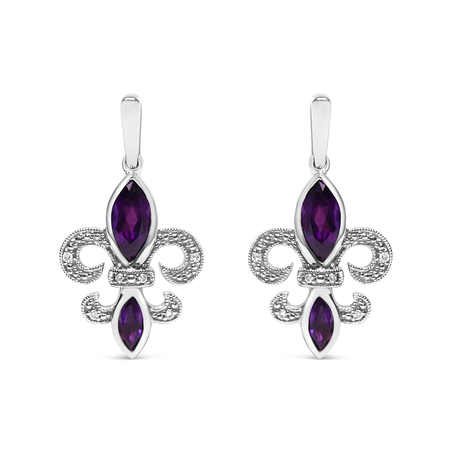 .925 Sterling Silver Marquise Cut Amethyst and Diamond Accent Fleur De Lis Dangle Stud Earrings (H-I Color, SI1-SI2 Clarity)
