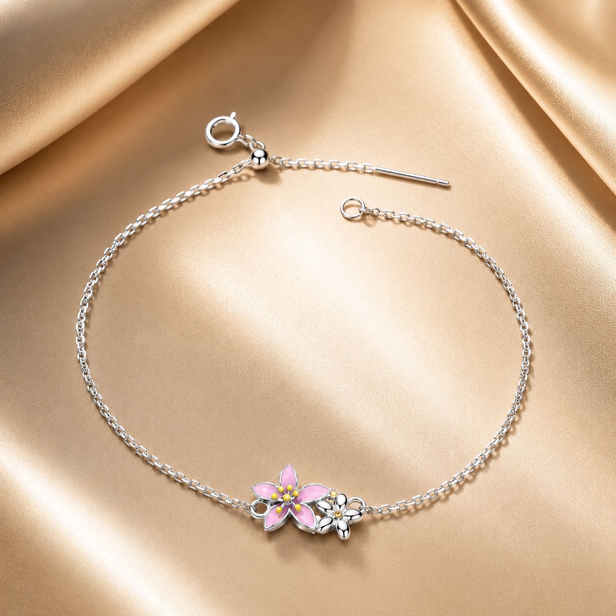 S925 Sterling Silver Adjustable Flower Bracelet for Women
