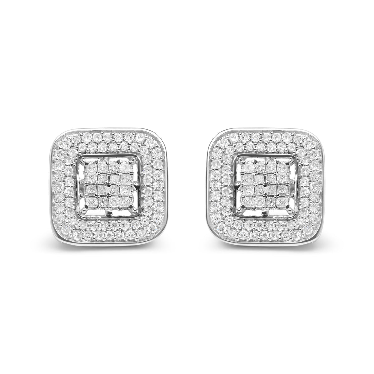 10K White Gold 1.0 Cttw Round and Princess Cut Diamond Composite Open Halo Stud Earrings (H-I Color, SI1-SI2 Clarity)