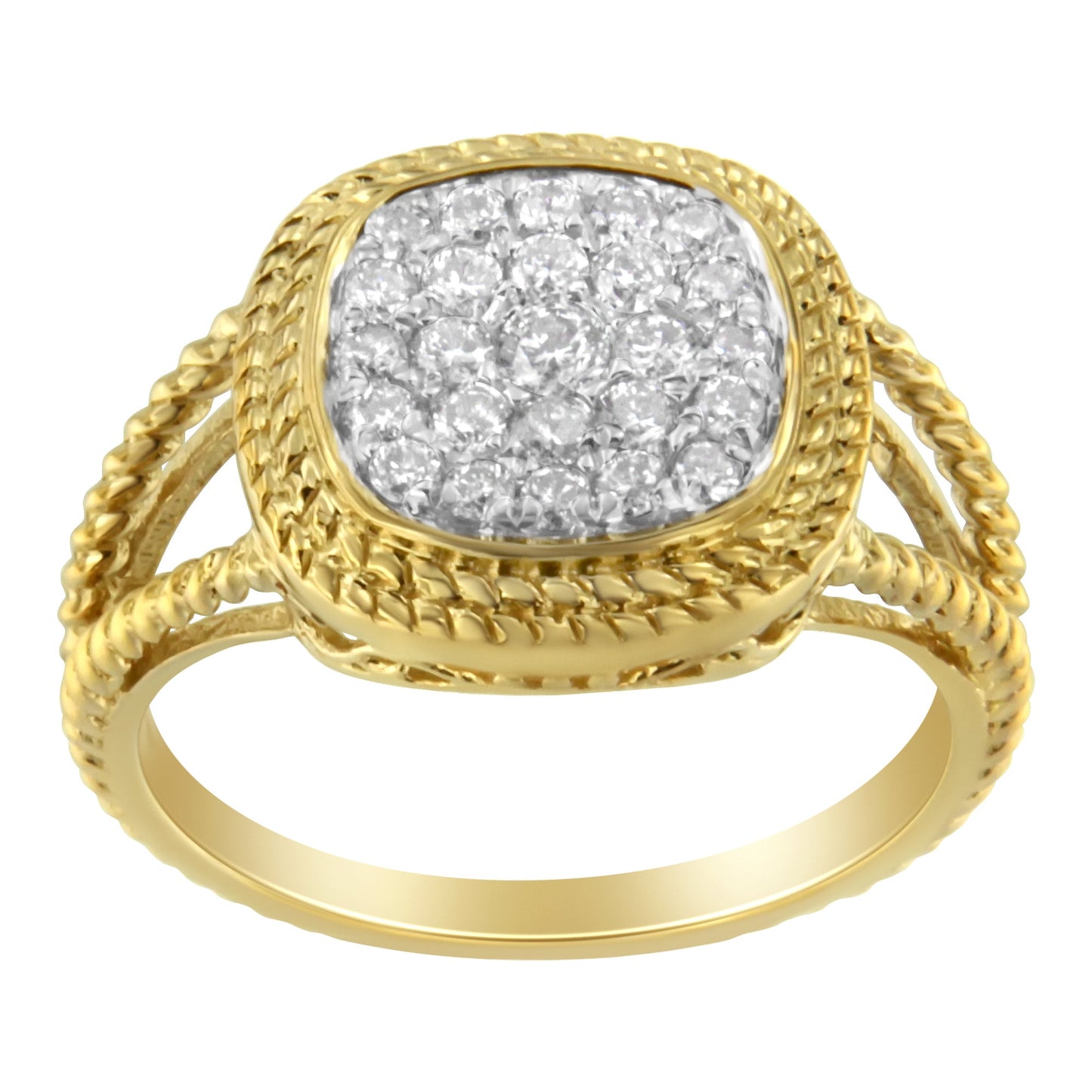 10K Yellow Gold Plated .925 Sterling Silver 1/2 Cttw Diamond Square Cushion Cluster Split Shank Cocktail Ring (J-K Color, I2-I3 Clarity) - Size 7