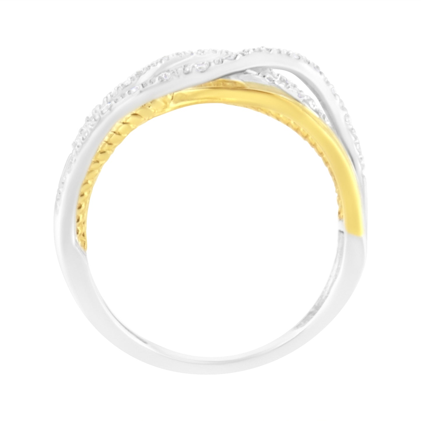 10K Yellow Gold Plated .925 Sterling Silver 1/10 Cttw Diamond Multi Row Crossover Ring Band (I-J Color, I1-I2 Clarity) - Size 7