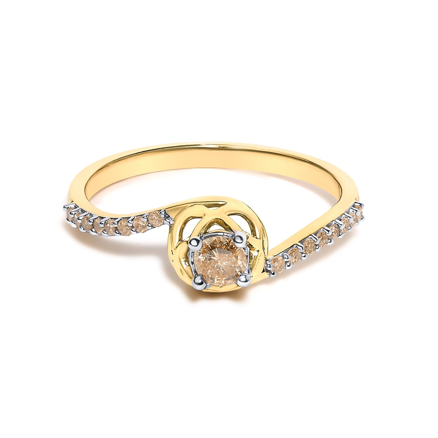 14K Yellow Gold Plated .925 Sterling Silver 1/3 Cttw Light Brown Diamond Bypass Ring