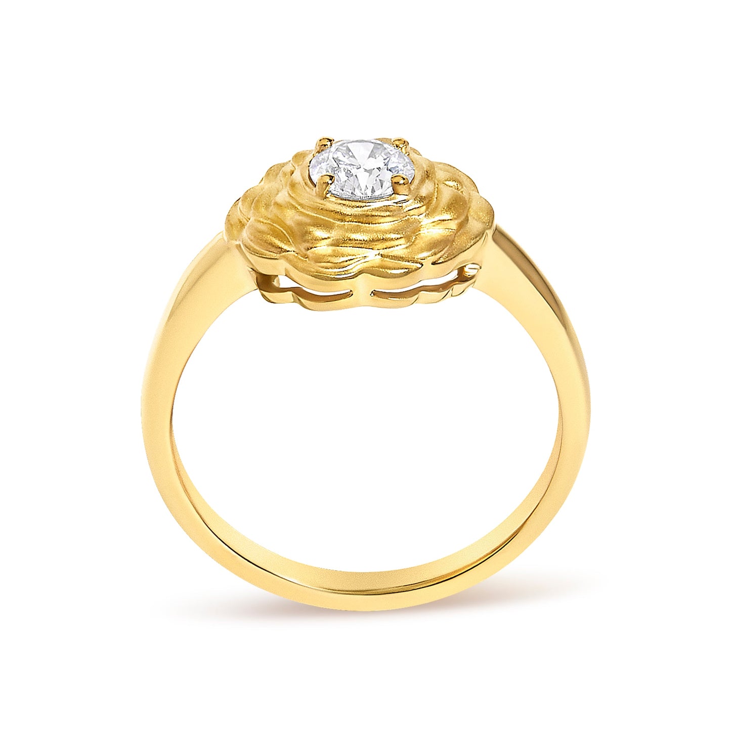 14K Yellow Gold Plated Sterling Silver 1/3 Cttw Lab Grown Diamond Floral Motif Solitaire Ring