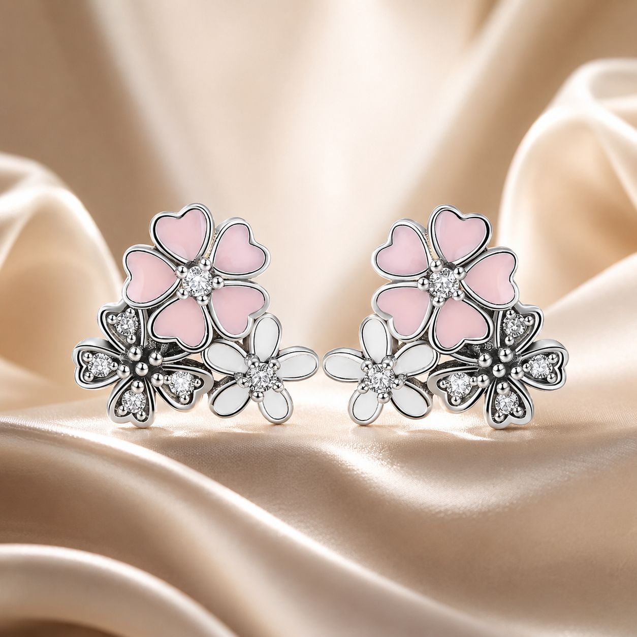 925 Sterling Silver Earrings with Pavé Setting, Oxidized Silver, Enamel - 1.0 x 1.1 cm for Women