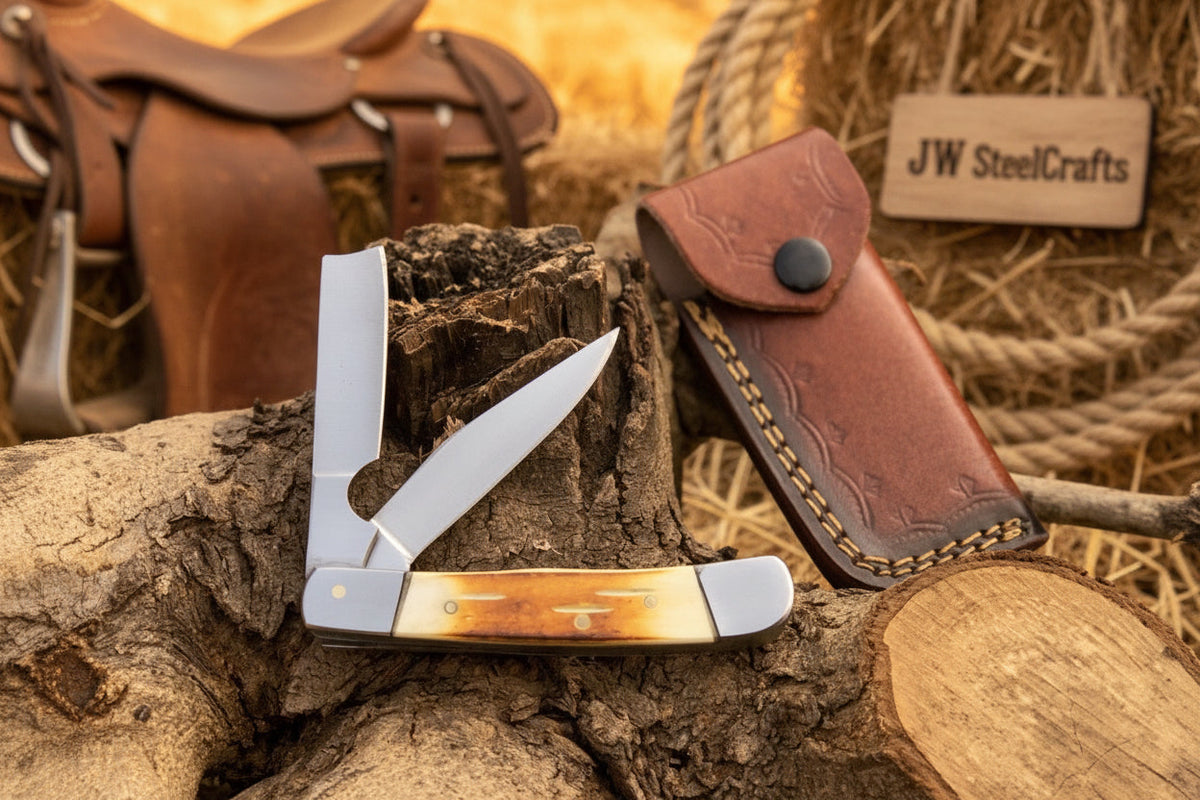 Razor Trapper Knife with Burned Bone Handle and Steel Bolsters