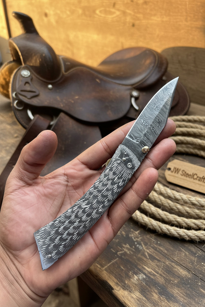 Forgehammer Folder Knife 8" Handmade All-Steel Damascus Liner Lock