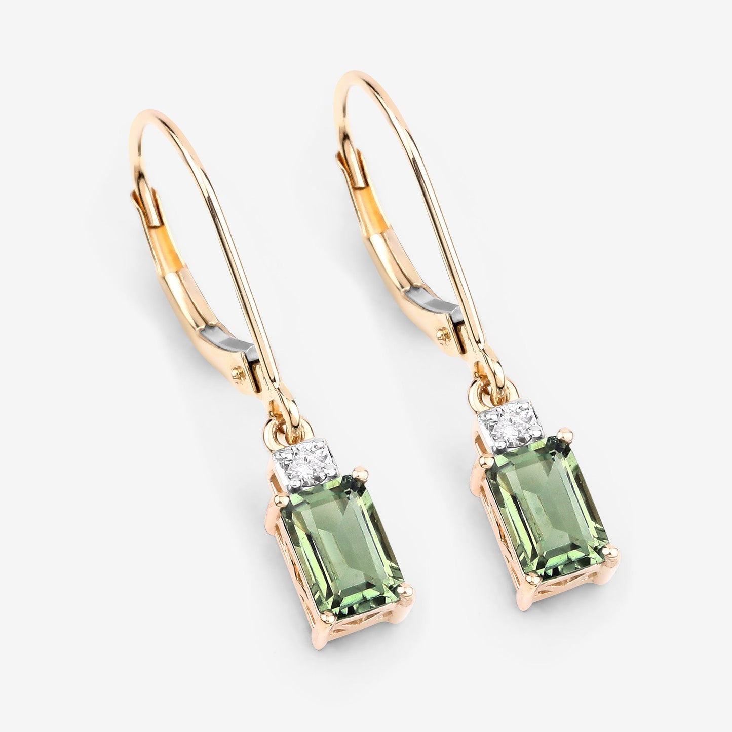1.28 Carat Genuine Green Tourmaline and White Diamond 14K Yellow Gold Earrings