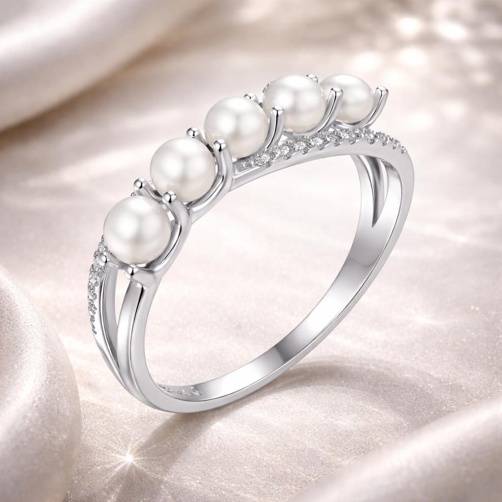 925 Sterling Silver White Gold Plated Freshwater Pearl Ring Size 6 for Women