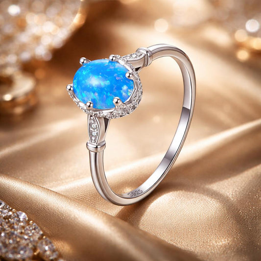 925 Sterling Silver Opal Rings in Size 6.0 with Pave Setting & Plated White Gold for Women