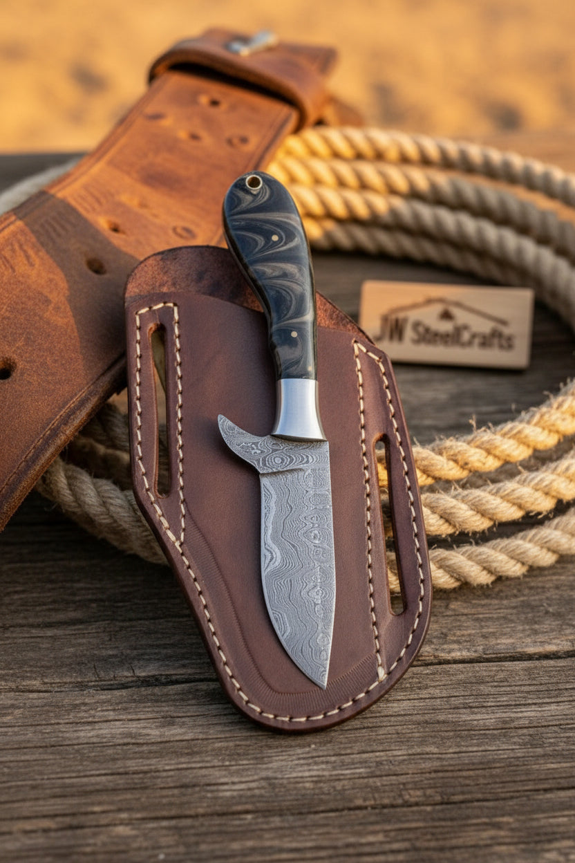 Onyx Range Skinner Knife 8" Handmade Damascus Black Micarta handle