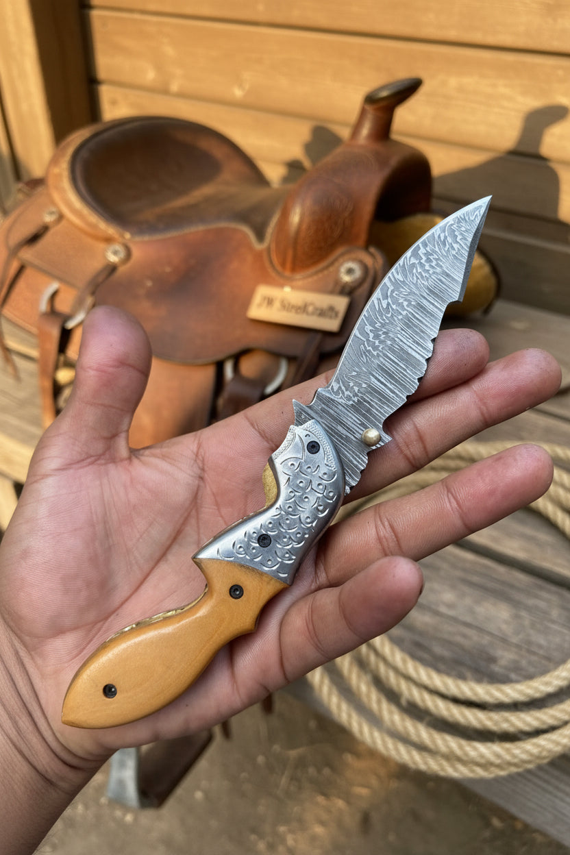 Honeywood Hawkbill Folder Knife 8" Handmade Wood Handle Damascus Blade