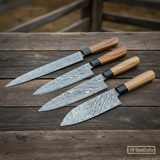 4-Piece Damascus Sujihiki, Gyuto, Santoku & Nakiri Set – Olive Wood Wa Handle