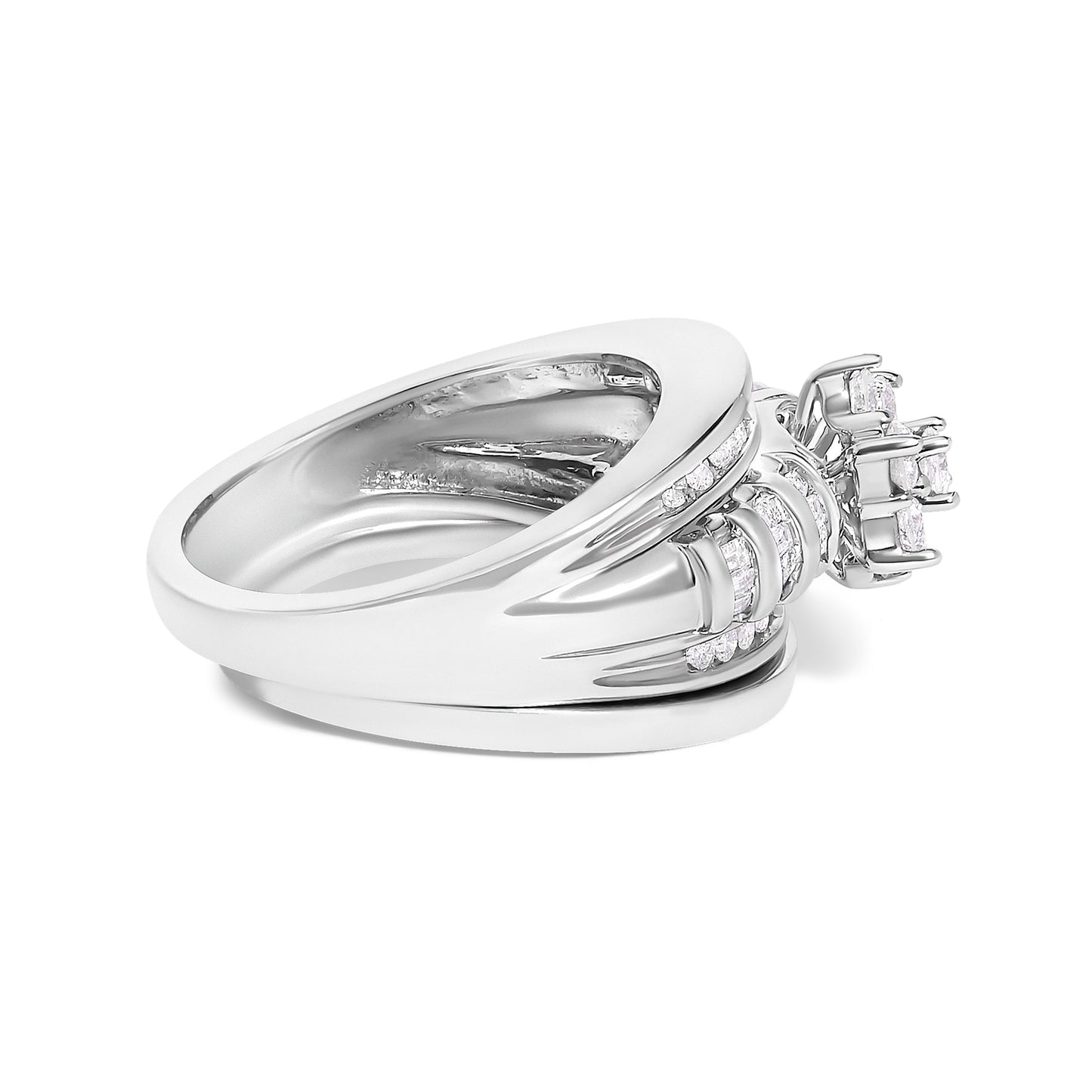 14K White Gold 1.0 Cttw Round and Baguette Diamond Cluster Bridal Set