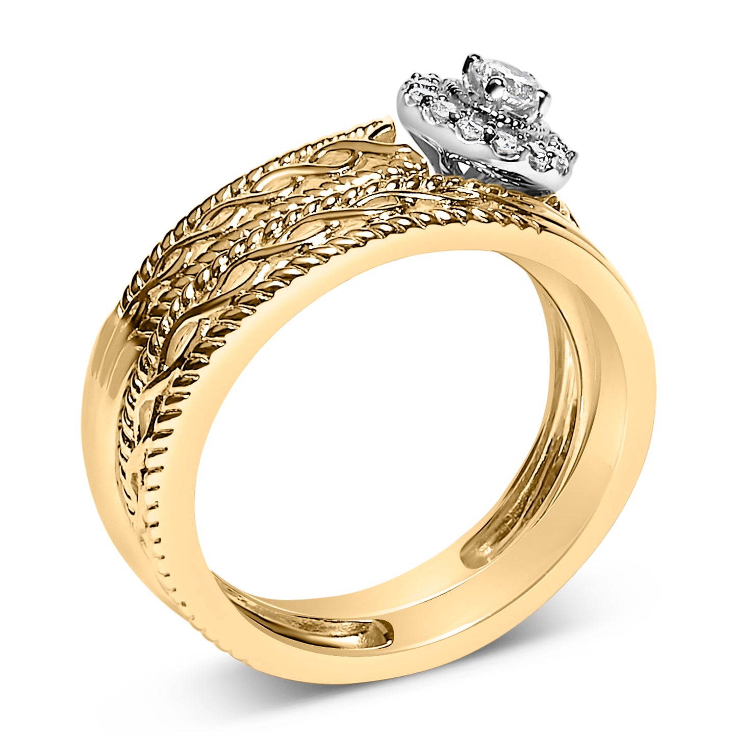 14K Yellow Gold Plated .925 Sterling Silver 1/5 Cttw Diamond Halo Engagement Ring and Wedding Band Set (I-J Color, I3 Clarity) - Size 7