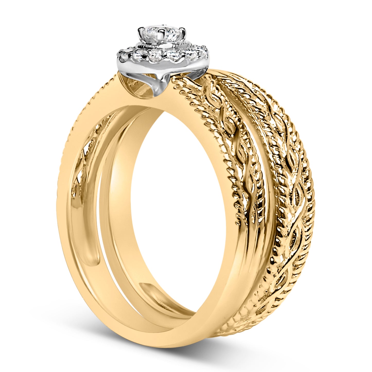 14K Yellow Gold Plated .925 Sterling Silver 1/5 Cttw Diamond Halo Engagement Ring and Wedding Band Set (I-J Color, I3 Clarity) - Size 7