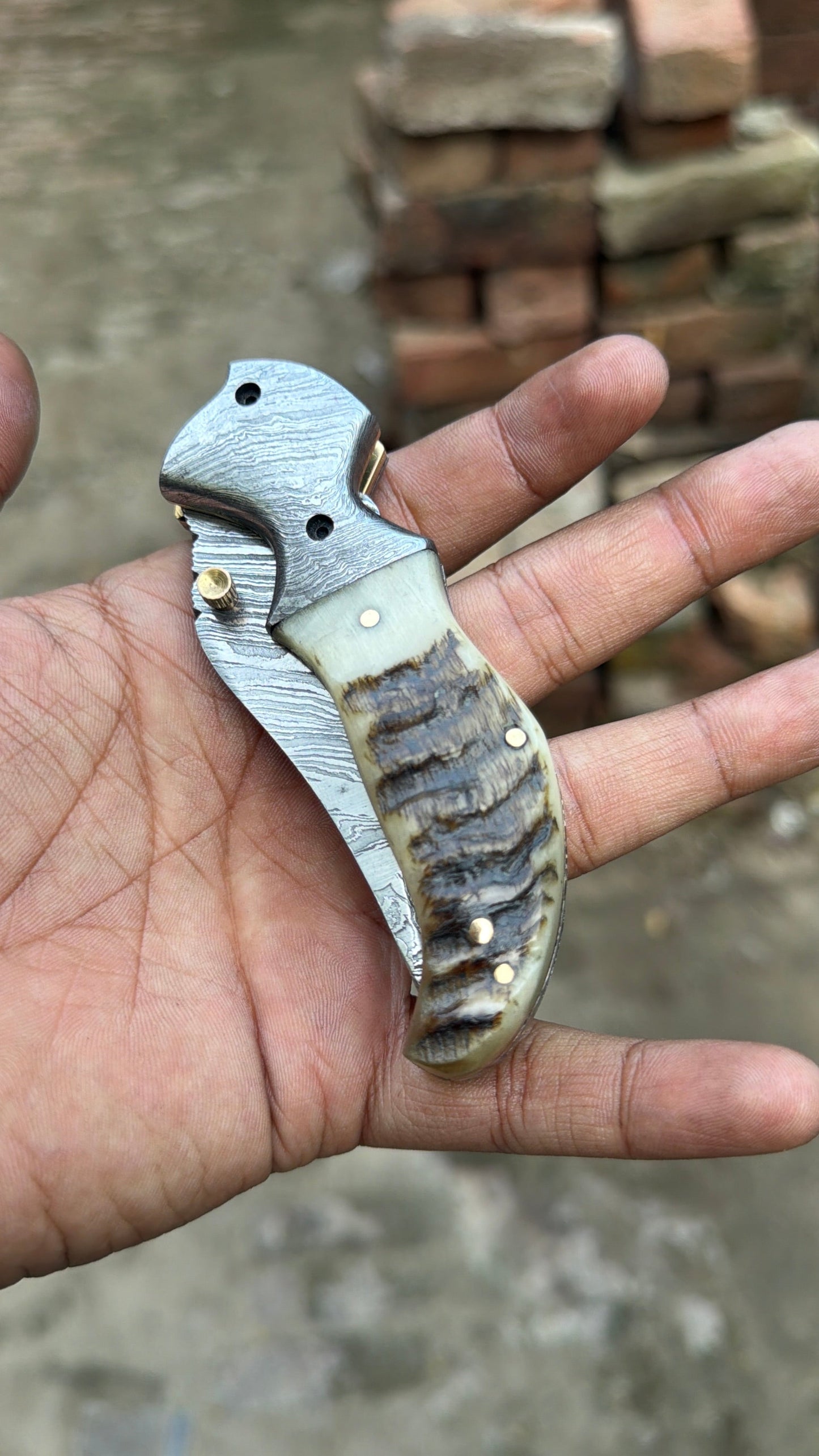 Pearlridge Damascus Folder 7" Handmade Mother of Pearl Lock Back