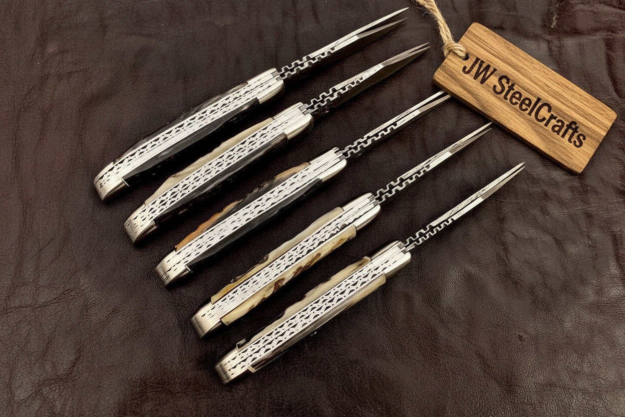 Trailfold Stag Pocket Knife Set 8" Handmade Set of 5 Folding Knives
