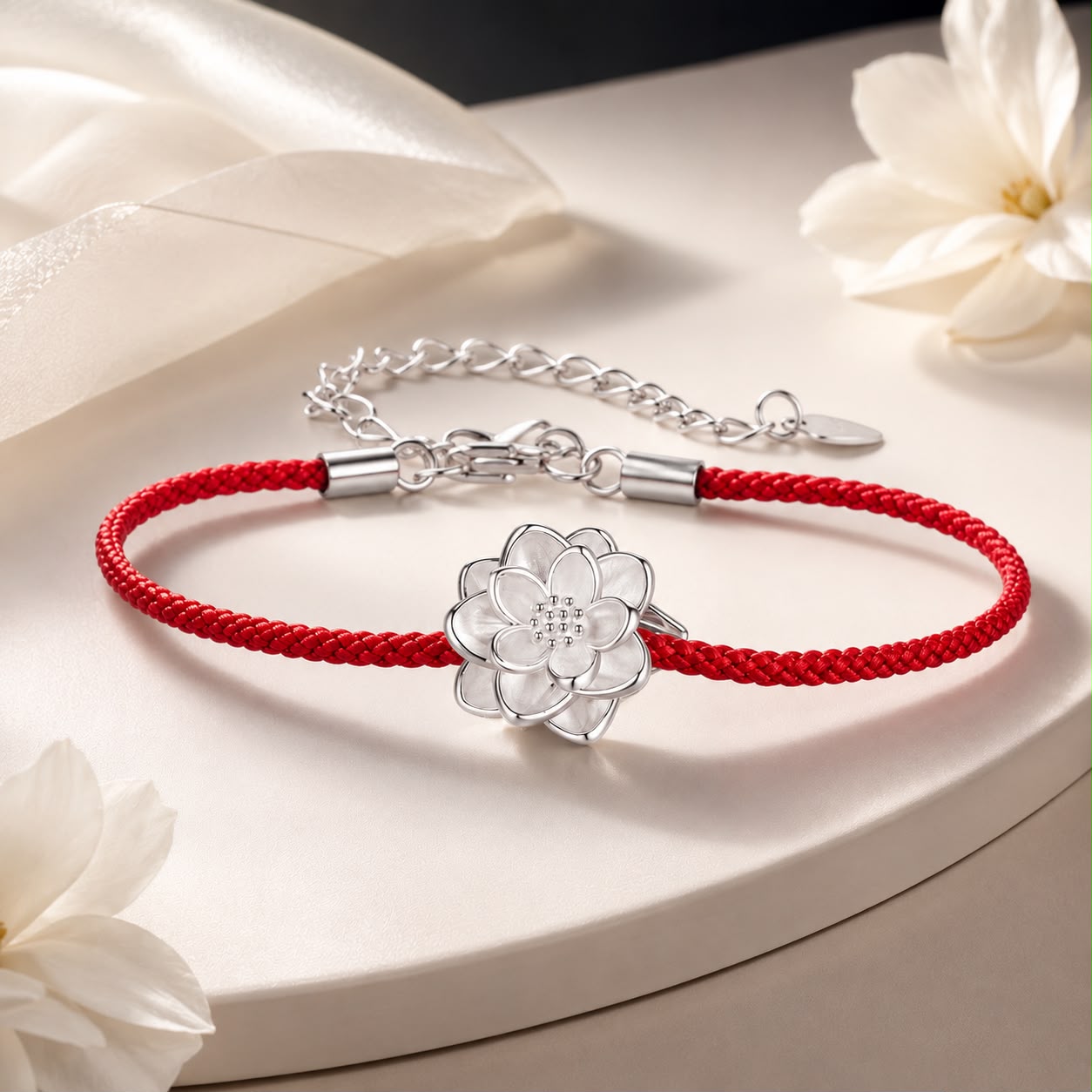 925 Sterling Silver Bracelet with White Gold Plating and Cotton Cord for Women