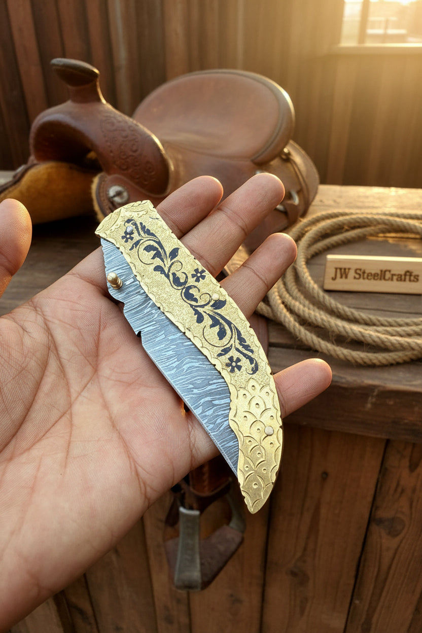Calligraphy Engraved Brass Folder Knife 10" Handmade Damascus Blade
