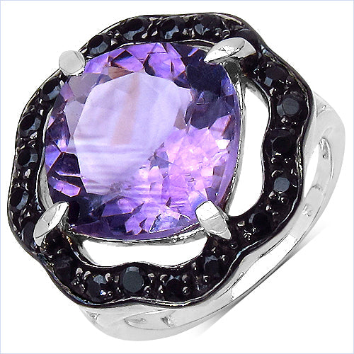 6.09 Carat Genuine Amethyst & Black Spinel .925 Sterling Silver Ring