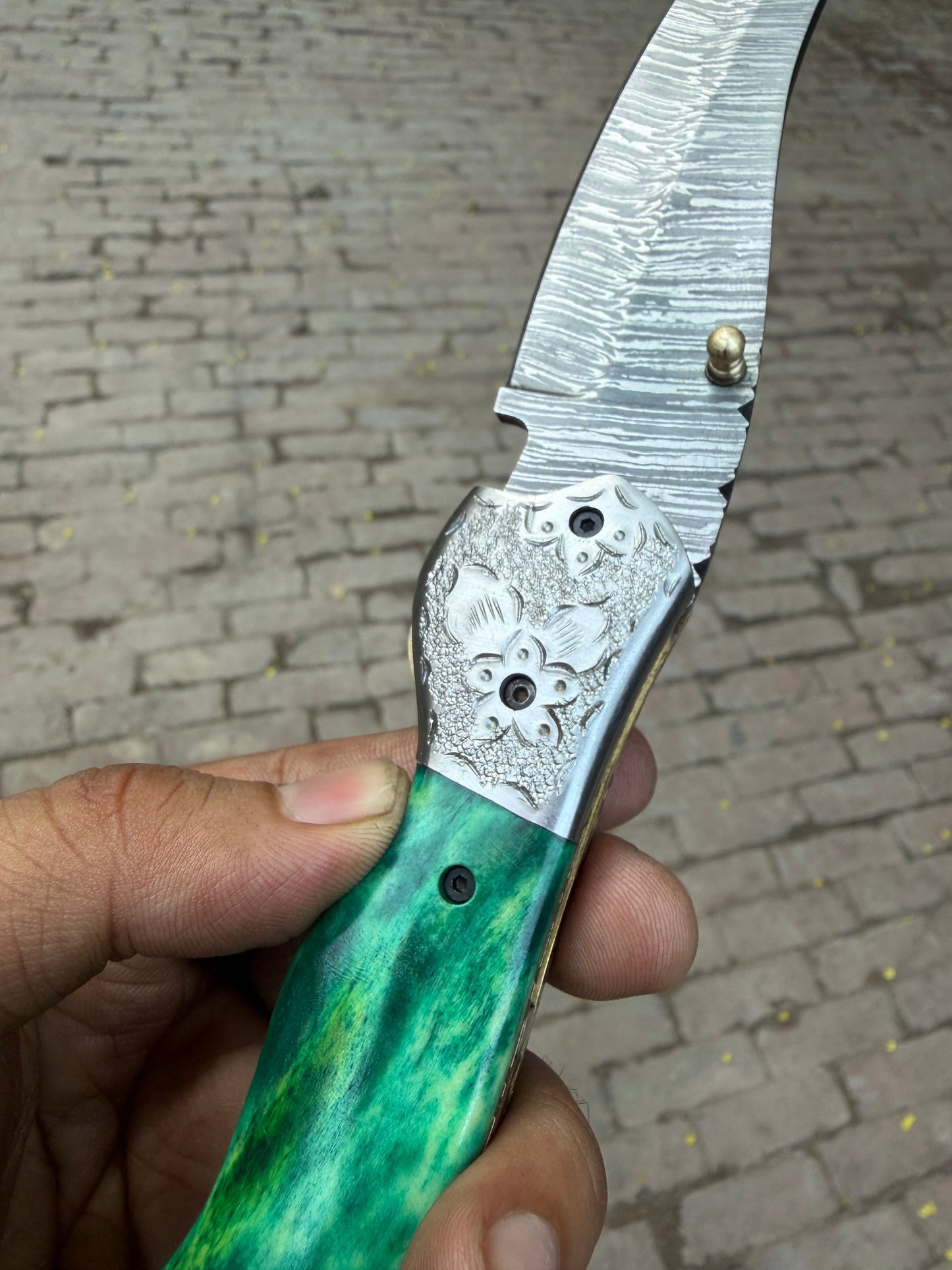 Jadeline Damascus Folder 7" Handmade Turquoise-Green Resin Handle