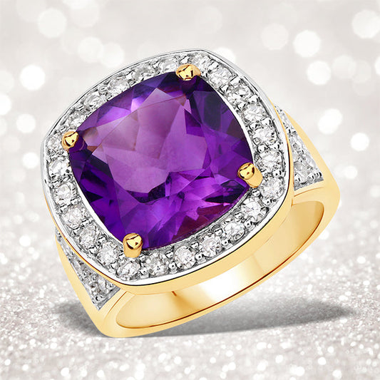6.80 Carat Genuine Amethyst and White Diamond .925 Sterling Silver Ring