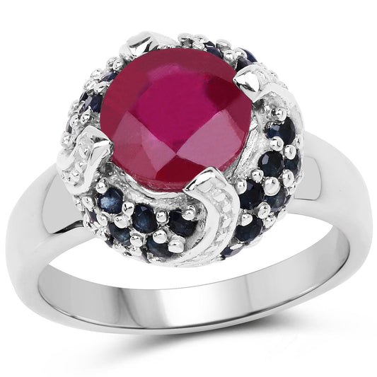 3.70 Carat Glass Filled Ruby and Blue Sapphire .925 Sterling Silver Ring
