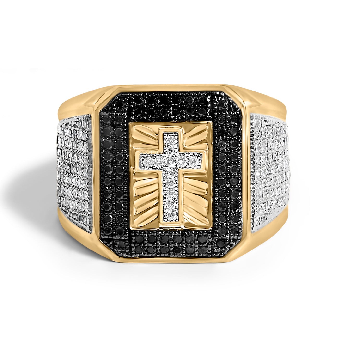 Men's 10K Yellow Gold 1 1/2 Cttw White and Black Diamond Cross Signet Ring