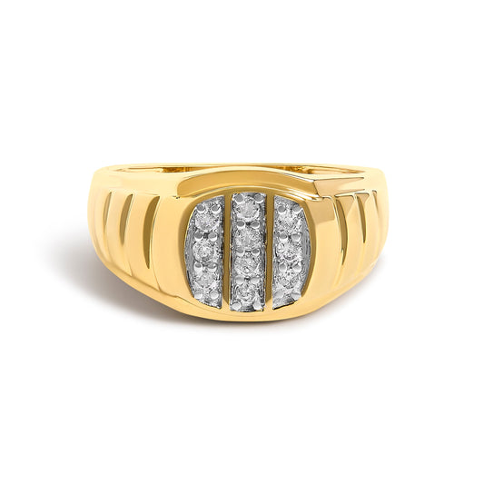 Men's 14K Yellow Gold Plated Sterling Silver 1/3 Cttw Diamond Grooved Band Ring