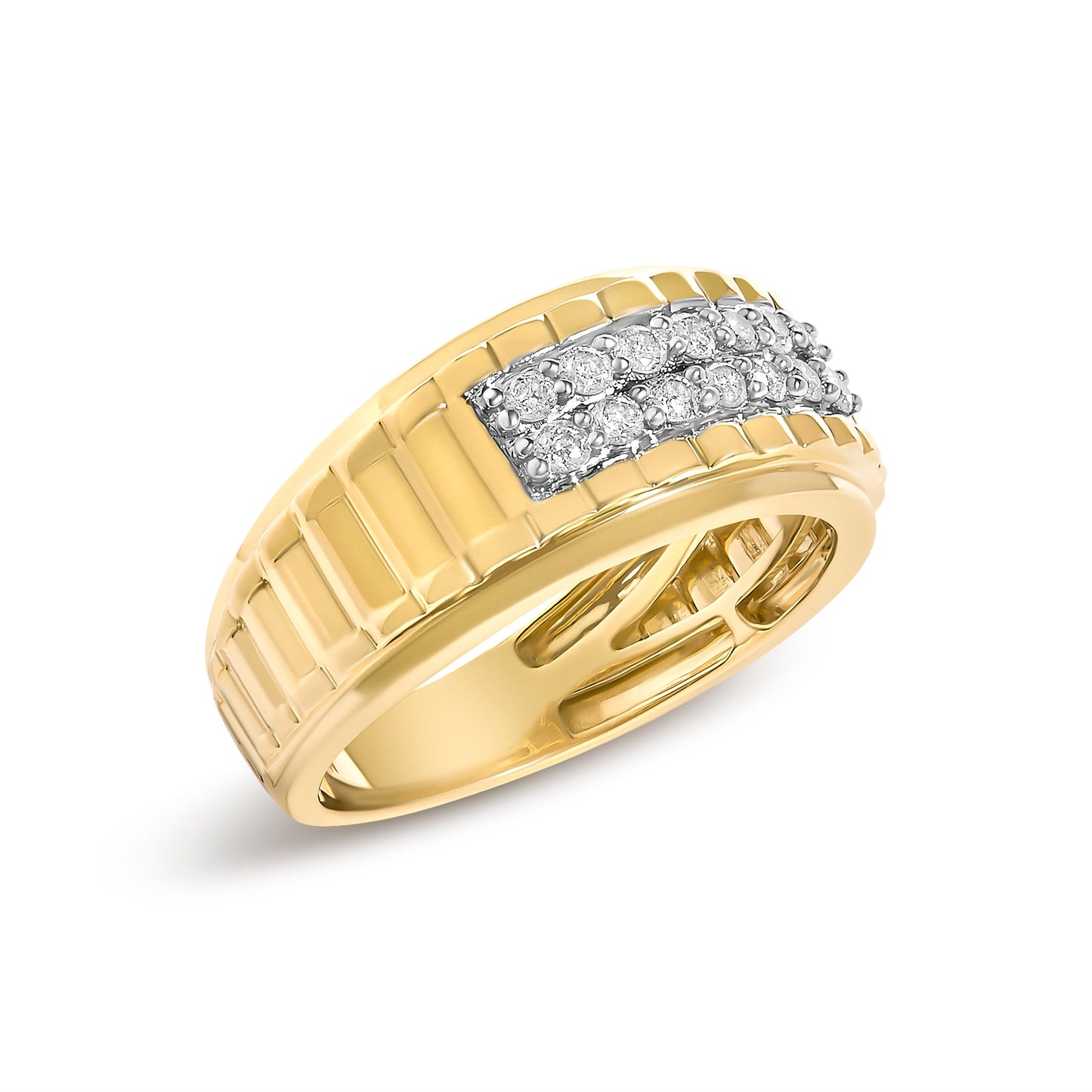 Men's 14K Yellow Gold Plated Sterling Silver 3/8 Cttw Diamond Ribbed Band Ring